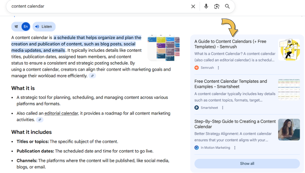 Google AI Overview citing a Semrush content calendar article